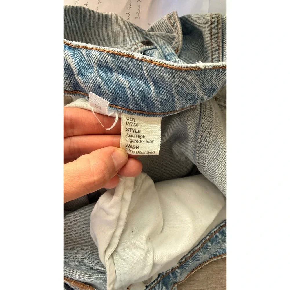 Reformation Julia High Cigarette Jean Tahoe Destroyed Light Blue Distressed 28